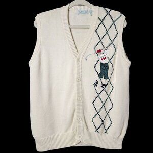VTG IZOD Mens Cream Knit Argyle Cardigan Vest Embroidered Golfer Sweater Vest XL